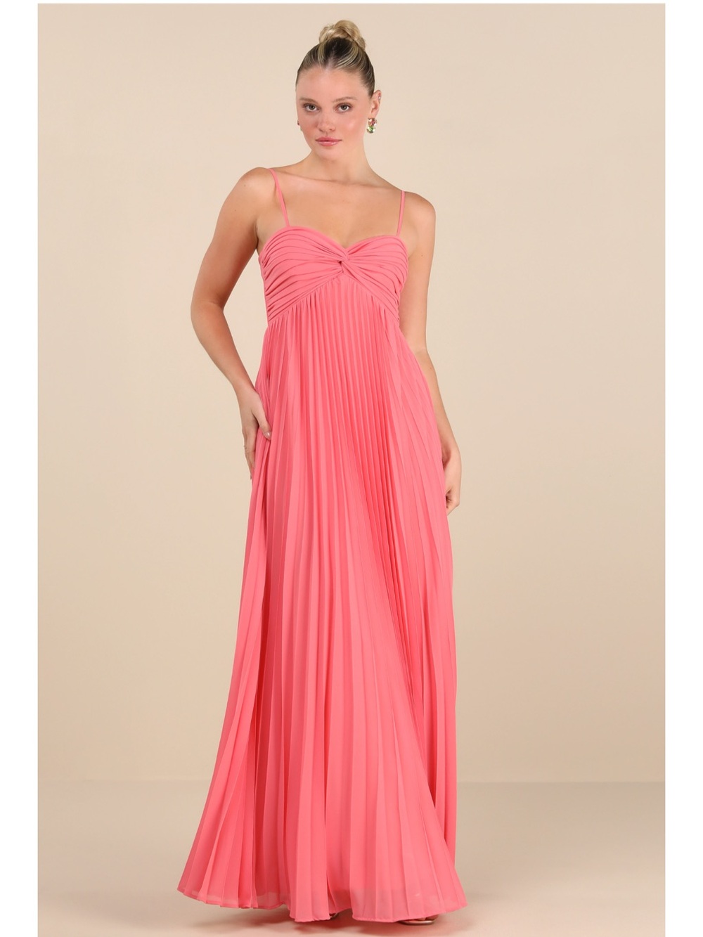 Lulus Jolette Coral Pink Pleated Knot Front Chiffon Empire Waist Maxi Dress